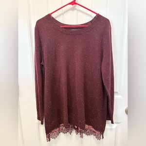Como Black Burgundy Sweater with back fabric detail/Lace Hem. Woman’s Size XL.